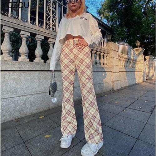 YOZOU Women Chic Harajuku Y2k Vintage Plaid Elastic High Wasit Slim Boot Cut Flare Pants YL-475