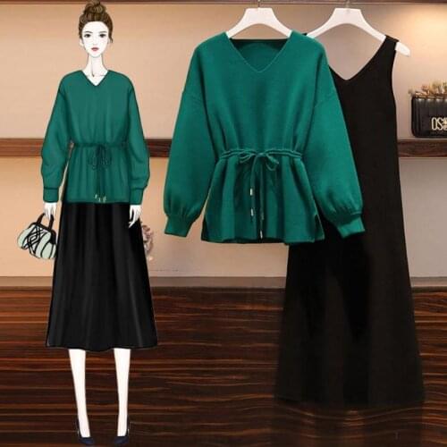 Women 2020 Spring Autumn Casual Two Pieces Set Female Sweater Dress Suit V Neck Loose Sweaters And Knitted Vest Dress Suit V132