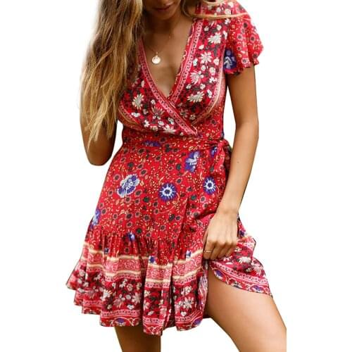 Sleeve Floral Print Ethnic Summer Beach Female Split Stylish Style women dress Sleeveless V-Neck Spaghetti Strap Beach dress