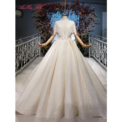 AnXin SH Luxury princess flower champagne lace beading short sleeve white sparkly bride zipper wedding dress 100% real photo