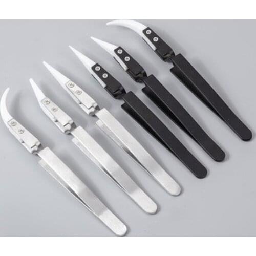 1Pc Anti-Static Reverse Ceramic Tweezers Stainless Steel Electronic Cigarette Heat Resistant Conductive Curved Straight Tweezers