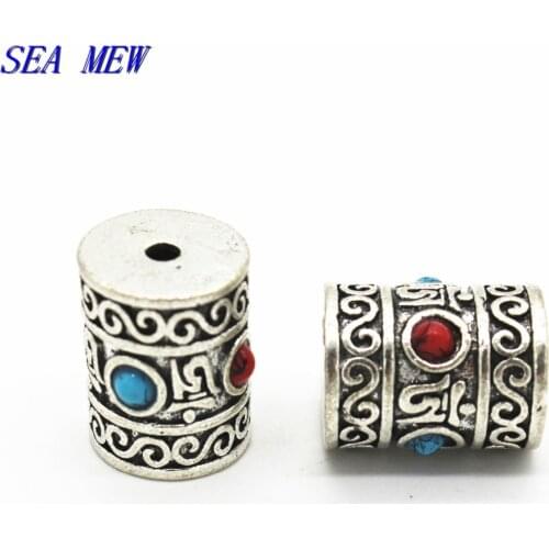 2 PCS Metal Alloy Antique Silver Color Inlay Nepal Spacer Beads Barrel Beads, Om mani padme hum , For Jewelry Making