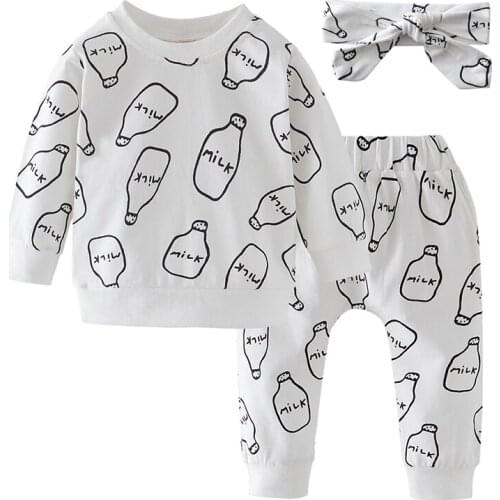 3Pcs Newborn Baby Clothes Girl Set Cotton Cute Cartoon White Long Sleeve Tops Pants Headband Fashion Infant Clothing Outfit 2020