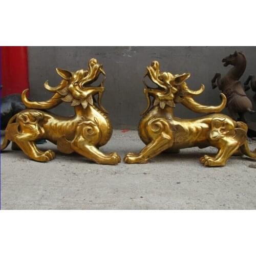Bi002278 China pure Brass Evil spirits Door Foo Dog Lion Dragon kylin beast statue Pair