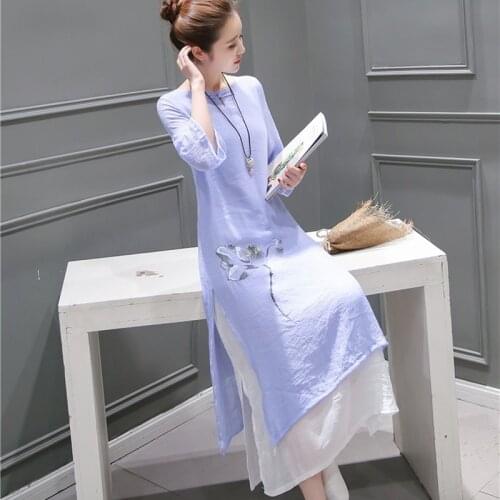 Cotton Linen Chinese Dress Qipao Long Cheongsam O-Neck Lotus Print Elegant Dresses Summer 2021 Robe Vintage Femme Vestidos 10570