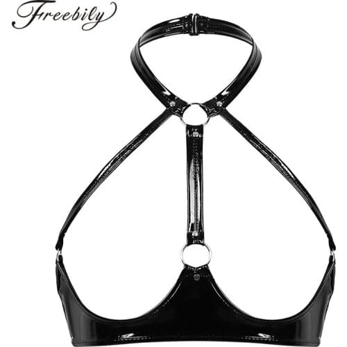 Women Open Cup Bra Wet Look Patent Leather Underwear Lingerie Halter Neck Hollow Out Breast Wire-free Unlined Half Cups Bra Top