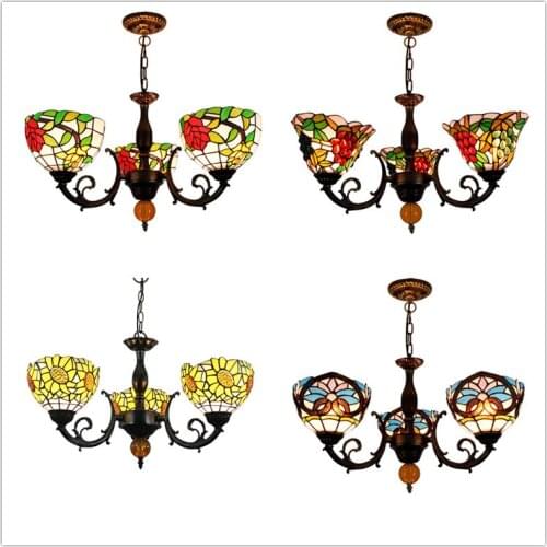 European creative Mediterranean stained glass bedroom dining room study living room pastoral glazed 3 heads chandelier lamps