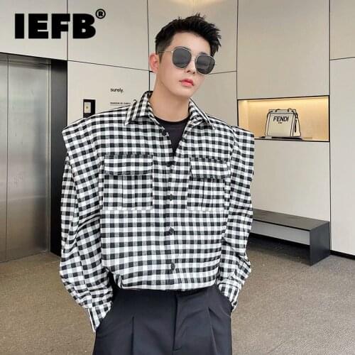 IEFB 2021 Autumn Design Short Coat For Men Personalized Three-dimensional Wide Shoulder Pad Plaid Long Sleeve Thin Jacket 9Y9172