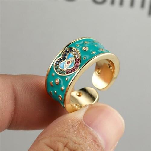 Dainty Gold Color Wedding Ring Vintage Black Glue Male Female Opening Ring Fashion Rainbow Zircon Love Heart Rings For Women Men