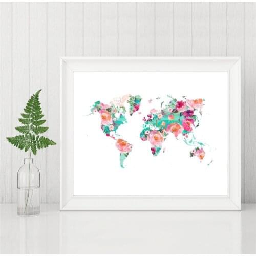 World Map Poster and Print Wall Art Floral Watercolor Map of The World Geography Travel Canvas Painting Picture Home Decor