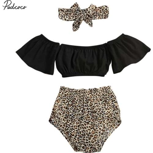 2020 Baby Summer Clothing Infant Baby Girl Clothes Off-Shoulder Tops Vest Leopard Shorts Headband 3PCS Outfits Set 0-18M