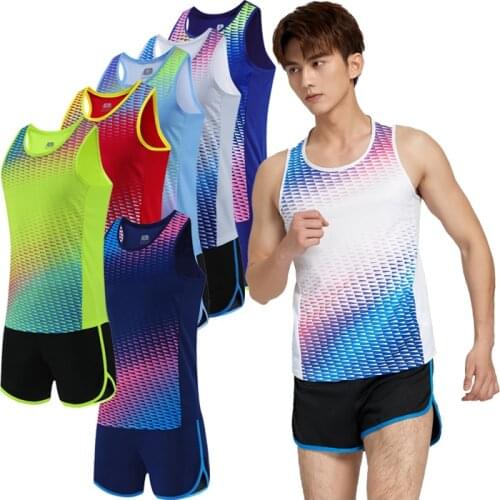 Men Running Tracksuits 2021 Track And Field Suits Quick Dry Marathon Athletics Sportswear Vest+Shorts Team Sport Set