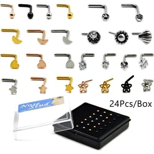 Showlove-24Pcs/Box Surgical Steel L Shaped Zircon Different Designs Nose Stud Rings Nose Bone Ring Body Piercing Jewelry 20G