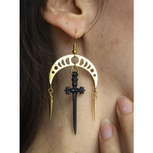 Crescent Moon & Black Dagger Earrings | Statement Earrings | Gothic Jewelry, celestial jewelry