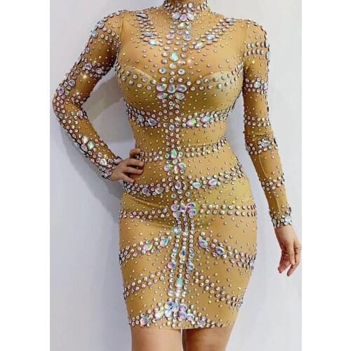 Multi-Color Rhinestone Nude Mesh Dress Evening Birthday Celebrate Prom Dance Costume Transparent Women Dancer Dresses DT1928