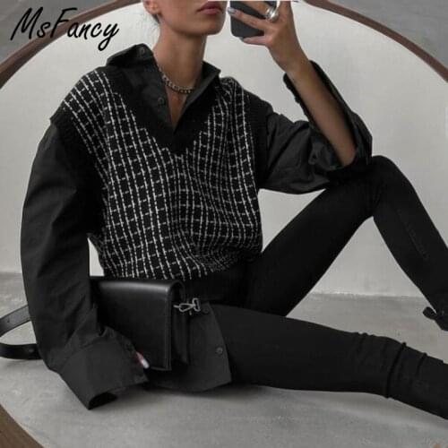 Msfancy Plaid Sweater Vest Women Harajuru Style V-neck Sleeveless Knitted Pullover 2021 Fall Casual Femme Tops