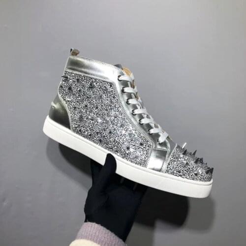 High-top Full Diamond Mens Shoes Silver Rhinestones Austria Diamond Cowhide Red Shoes Lovers Shoes Rivet Shoes Men