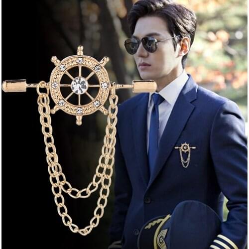 Korean Retro Crystal Brooches Navy Rudder Brooch Pin Tassel Chain Suit Shirt Badge Collar Lapel Pin for Men and Women Jewelry