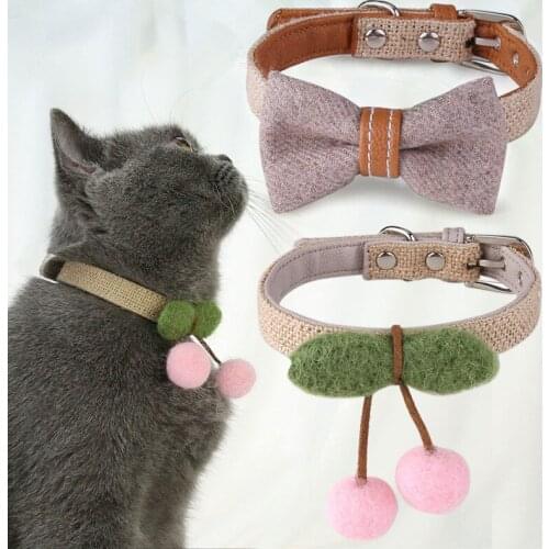 Pet Dog Cat Collar Bowtie Necklace Hand-Woven Puppy Collar Handmade Woven Cherry Pattern Dog Collar Pet Product Supplies 22-32cm