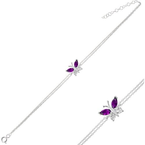 Silver 925 Sterling Butterfly Colorful Zircon Cubic Zirconia Double Row Chain Bracelet