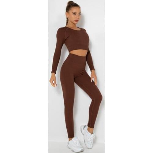 Long Sleeve Crop Top Gym Sets Seamless Shirt Yoga Sets Sexy Fitness Suits Athletic Wear For Women Slim Stretch Running Leggings