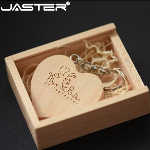JASTER (free custom logo) walnut wooden heart + gift box USB flash drive creative pendrive 8GB 16GB 32GB 64GB memory stick