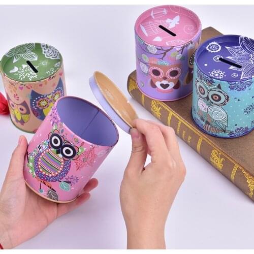 Vintage Owl Piggy Bank Tinplate Piggy Bank Childrens Gifts Home Decoration Kid Gift Round Piggy Bank Money Box kawaii