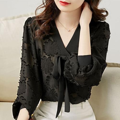Womens Spring Autumn Style Chiffon Blouse Shirt Womens Elegant Solid Color V-Neck Lantern Sleeve Casual Loose Tops SP962