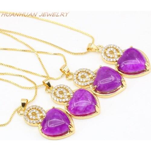 Natural Stone Jades 19x29mm Heart Pendant For Women Gold-Color Stainless Steel Chain Necklaces & Pendants Zircon Jewelry B3338