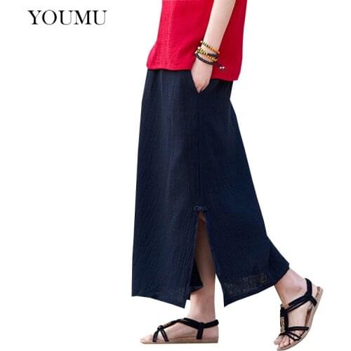 Womens Cotton Linen Skirt Vintage Split Ethnic Solid Long Bohemian Casual Loose Summer 223-122