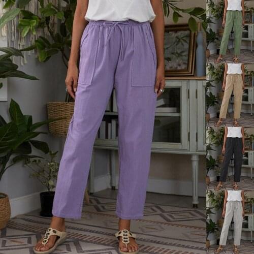 2021 Drawstring Korean Slacks Womens Loose Summer Pants Solid Big Pockets Loose Waist Cotton Linen Loose Womens Casual Pants