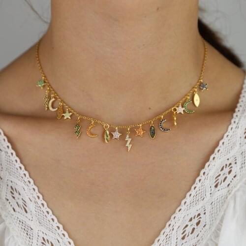 Gold filled fashion statement female choker chain colorful multi charm charming luxury women necklace