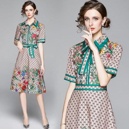 Banulin Fashion Runway Design Summer Dress Womens Short Sleeve Turn Down Neck Bow Letter Floral Print Midi Dress Vestidos
