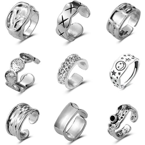 Punk Vintage Silver Color Ring For Women Fashion Hip Hop Happy Smiling Face Adjustable Opening Rings Chunky Finger Jewelry Rings