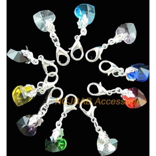 10 New Heart With Clasps Charms Silver Plated Crystal Beads Mixed