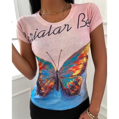 2021 Fashion O Neck Letter Butterfly [Printed Casual Short Sleeve T-Shirts Daily Wear Tops Kawaii Women Summer Graphic Clothes