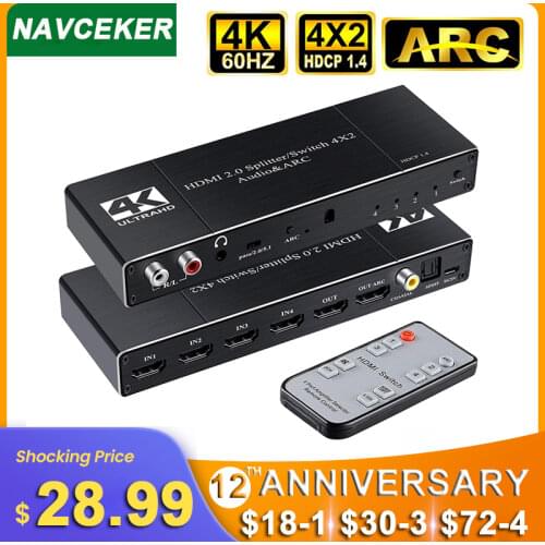 2020 Best 4K@60Hz HDMI 2.0 Switch Remote 4x2 HDMI Switcher Audio Extractor With ARC & IR Switch HDMI 2.0 For PS4 Apple TV HDTV