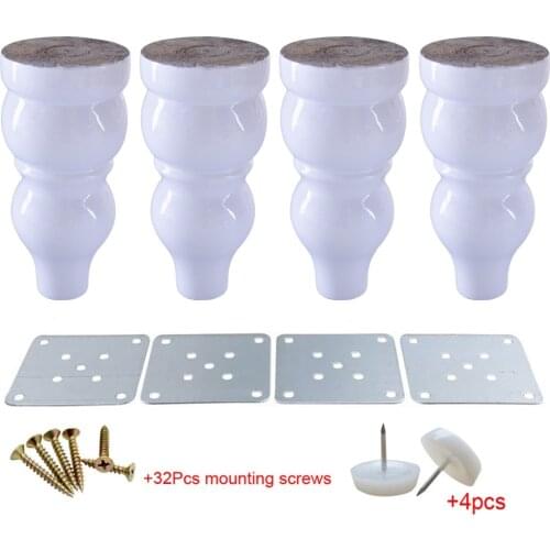 4pcs Solid Wooden Furniture Legs 15x7x3.5cm Gourd-shaped White Wood Sofa Bed Cupboard Feet with Iron Sheet Screw foot pad