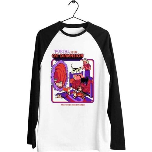 Black Trim Baseball Long Sleeve Unisex T Shirt Portal To The Cat Dimension Dark Humor Sarcasm Artwork Printed Tee