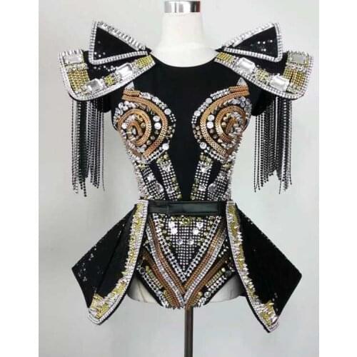 Flashing Silver Black Sequins Rivets Fringes Big Shoulders Leotard Skirt Dancer Show Outfit Set Stage Performance Clothing