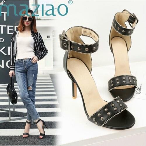 Summer Ankle-Wrap Women Shoes Sexy Peep Toe Thin Heel High Heels Rivet Decoration Buckle Ladies Sandals Zapatos Mujer MAZIAO