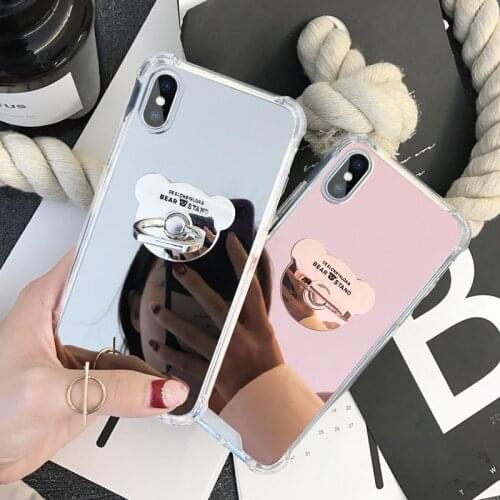 Fashion Cute Bear Ring Grip Holder Anti Shock Mirror Back Phone Case Cover For Samsung Note 20 10 9 8 S20 Ultra S10E S9 S8 Plus