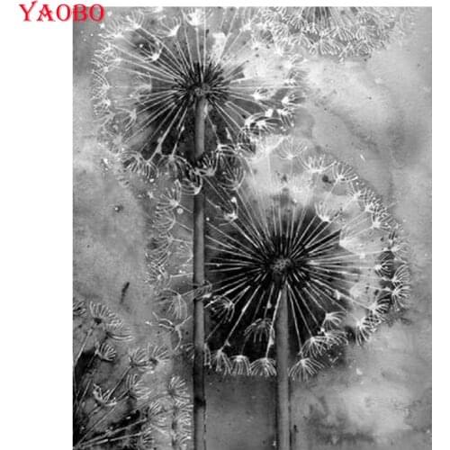 Black and white art 5D DIY Diamond Painting Dandelion Full Square round stone 3D Rhinestone Embroidery Mosaic Wall Decor