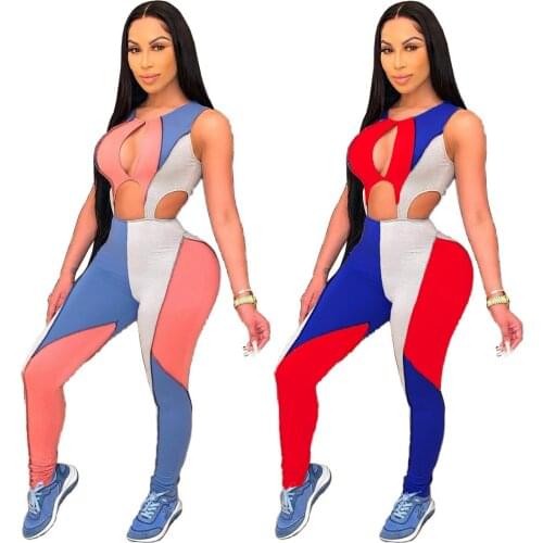 Echoine Color Block Patchwork Jumpsuit Woman Hollow Out Sportswear Outfits Sleeveless O Neck Bodycon One Piece Rompers S-XXL