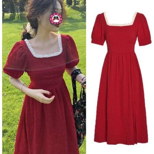French niche long skirt ankle fairy gas retro little red dress tea break red square collar dress Hepburn summer dress