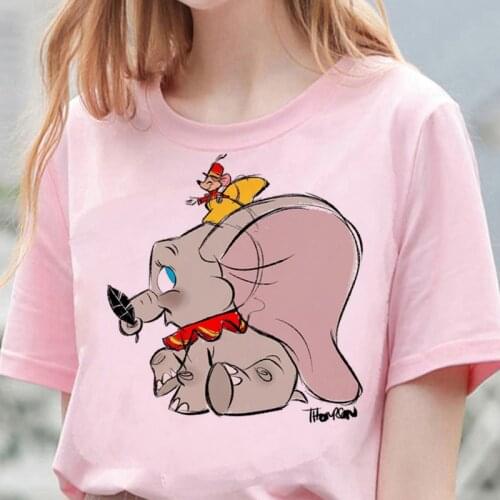 Kawaii Disney Elephant Dumbo T Shirt Women Summer Tops Cartoon Unisex Harajuku Graphic Tees Korean Style Kids T-shirt Female
