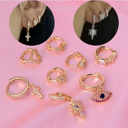 Small Circle Hoops Huggies Piercing Earrings Women CZ Crystal Star Moon Cross Skull Pendant Ear Charming Hoop Studs 1 piece