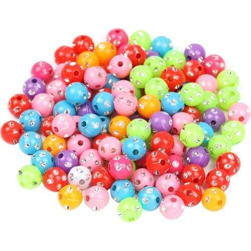 100 pieces fashion 10mm round mix color acrylic with stone diy middle hole loose beads nb182