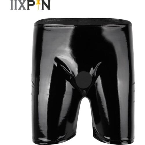 Men Long Boxer Shorts Sexy Shiny Open Penis Hole Patent Leather Buttons Erotic Hollow Gay Underwear Long Leg Underpants Panties