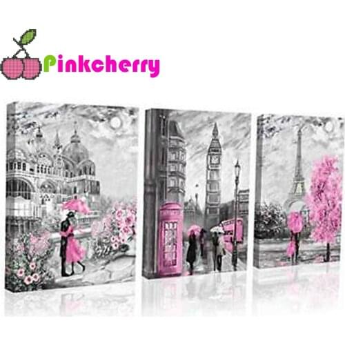 Full square round drill Triptych 5d diy diamond painting 3 Pieces Romantic Love mosaic embroidery kit Pink Flower 2021 Gift,k457